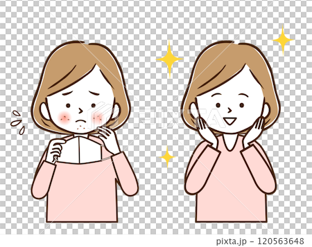 マスク肌荒れビフォーから、きれいな肌になったアフターの女性 マスク肌荒れビフォーから、きれいな肌になったアフターの女性 120563648