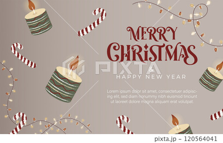 Merry Christmas greeting card with candles and candy canes. Vector illustration 120564041