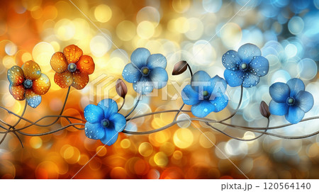 Artistic illustration of blue and orange flowers on the blurred colorful backdrop with golden lights 120564140
