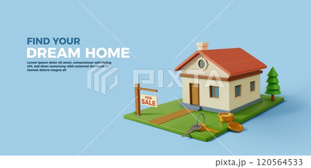 3D building. Home rent. Mortgage credit or sale icon. Property buying. Commercial architecture insurance. Money lease. Townhouse exterior. Cottage purchase. Vector real estate banner 3D building. Home rent. Mortgage credit or sale icon. Property buying. Commercial architecture insurance. Money lease. Townhouse exterior. Cottage purchase. Vector real estate banner 120564533