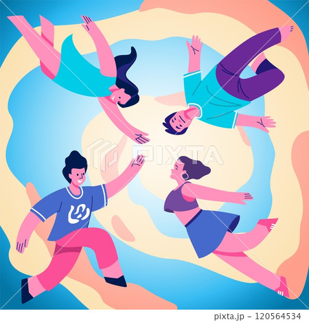 Abstract flying people. Happy young men and women in sky. Dreaming and freedom symbol. Guy and girl in different poses. Imagination and inspiration movement. Vector cartoon illustration Abstract flying people. Happy young men and women in sky. Dreaming and freedom symbol. Guy and girl in different poses. Imagination and inspiration movement. Vector cartoon illustration 120564534
