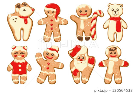 Ginger man. Christmas gingerbread. Holiday cookie with glaze. Pastry decoration. Bread shapes. Woman or girl with hat. Boy characters. Baking Xmas face. Santa biscuit. Vector cartoon set 120564538