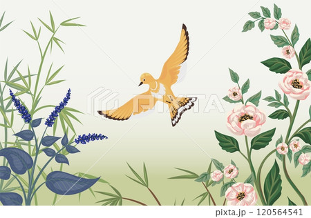 Chinoiserie birds and plants. Asian garden nature. Exotic flying animal. Japanese summer flowers. Bamboo leaves. Chinese landscape. Traditional oriental art. Vector floral background 120564541