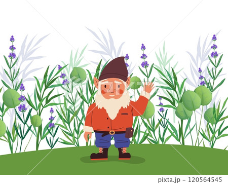 Cute gnomes. Cartoon fairy tale dwarves. Senior fabulous little character waving hand. Happy midget greeting. Wild meadow flowers. Mythology leprechaun. Vector fantasy bearded man in cap Cute gnomes. Cartoon fairy tale dwarves. Senior fabulous little character waving hand. Happy midget greeting. Wild meadow flowers. Mythology leprechaun. Vector fantasy bearded man in cap 120564545