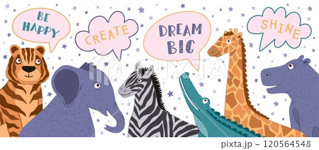 Cute baby animals. Kid nursery shower, doodle elephant lion and tiger, jungle children decorative background, scandinavian safari banner or poster with phrases. Vector cartoon flat illustration 120564548