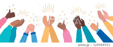 Congratulate background. People hands clap. Thumb up. Success corporate audience. human applauding arms. Victory team celebration. Respect and support. Cheer gesture. Vector illustration 120564551