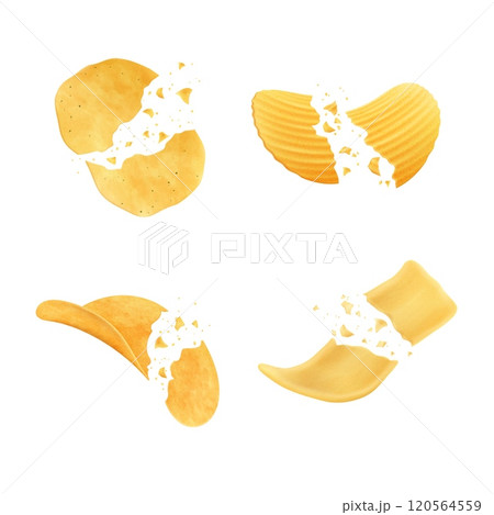 Potato chips. Broken crisp. Crunchy and crispy snack. Realistic 3D piece eating. Crinkle salt fast food. Broken and separated spicy vegetable. Unhealthy appetizer. Vector fried slices set 120564559