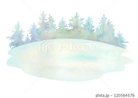 Winter forest background. Hand drawn watercolor silhouette of a coniferous forest on the horizon of snowy field. Isolated element from the forest landscape constructor set for season scenery creating 120564576