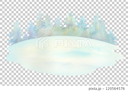 Winter forest background. Hand drawn watercolor silhouette of a coniferous forest on the horizon of snowy field. Isolated element from the forest landscape constructor set for season scenery creating 120564576