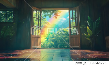 部屋から見える外の虹 120564778