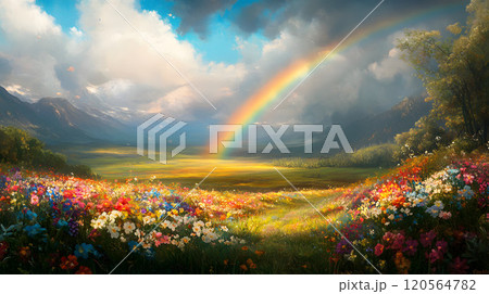 虹と花々が咲く風景 虹と花々が咲く風景 120564782
