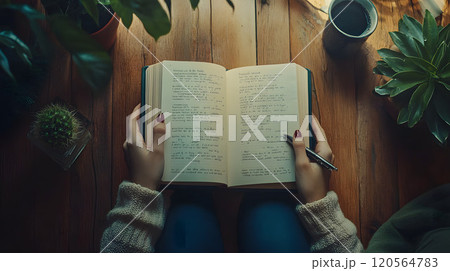 本を読んでいるところを上からみている風景 本を読んでいるところを上からみている風景 120564783