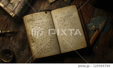 古い英語で書かれた日記帳を開いている風景 古い英語で書かれた日記帳を開いている風景 120564784