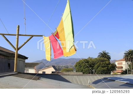 Towels fluttering in wind at La Serena Chile Towels fluttering in wind at La Serena Chile 120565293