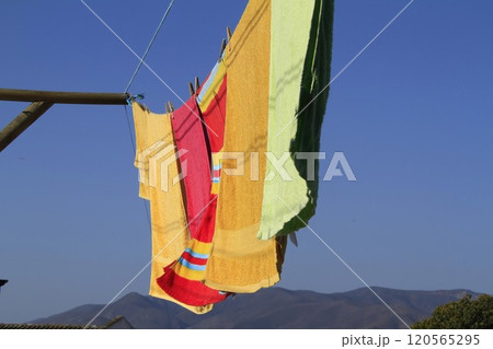 Towels fluttering in wind at La Serena Chile Towels fluttering in wind at La Serena Chile 120565295