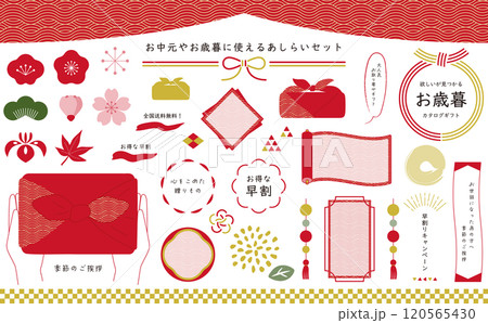 お中元やお歳暮、ギフトに使える和風のデザイン。和柄のフレームあしらいセット。 120565430