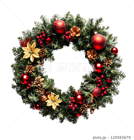 estive Christmas wreath with red and gold ornaments, pinecones, and holly 120565679