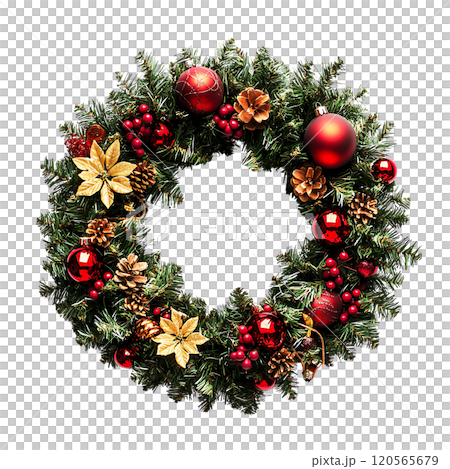 estive Christmas wreath with red and gold ornaments, pinecones, and holly estive Christmas wreath with red and gold ornaments, pinecones, and holly 120565679