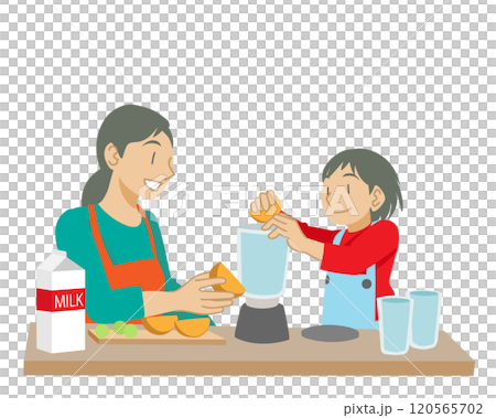 家長和孩子享受用果汁機製作果汁的樂趣 120565702