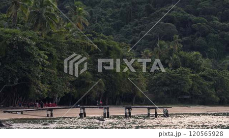 Sunset Over Secluded Beach with Dense Jungle and Abandoned Pier 120565928