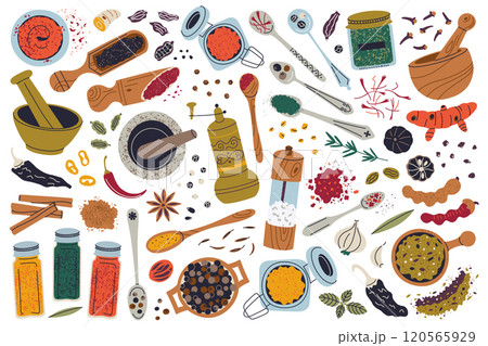 Vector illustration set of spices, herbs, and seasonings for cooking. Turmeric, chili, saffron, mortar and grinder, jars with various spice, spoons, and more. Flat cartoon doodle, culinary ingredients Vector illustration set of spices, herbs, and seasonings for cooking. Turmeric, chili, saffron, mortar and grinder, jars with various spice, spoons, and more. Flat cartoon doodle, culinary ingredients 120565929
