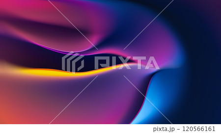 Soft, flowing curves of colors intertwine, creating an abstract display of rich purples, blues, and oranges. The harmonious gradients evoke a sense of movement and depth, inviting viewers to explore 120566161