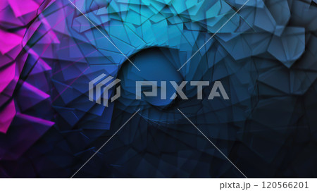 The image showcases an intricate swirling pattern composed of angular shapes and polygons in vibrant hues of blue, turquoise, and purple. The arrangement creates a sense of depth and movement, drawing 120566201