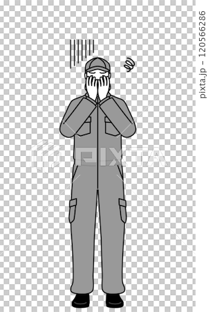 落ち込んで顔を覆うつなぎ姿の整備士 120566286