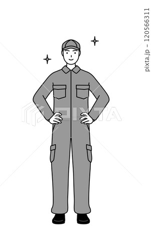 両手を腰に当てたつなぎ姿の整備士 両手を腰に当てたつなぎ姿の整備士 120566311