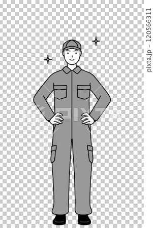 両手を腰に当てたつなぎ姿の整備士 両手を腰に当てたつなぎ姿の整備士 120566311