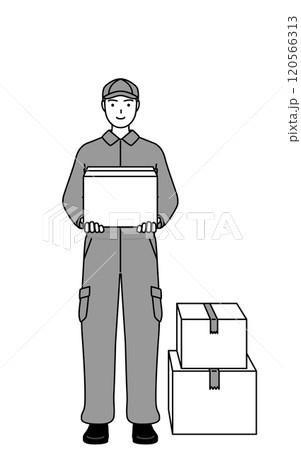 段ボールを運ぶ作業をするつなぎ姿の整備士 段ボールを運ぶ作業をするつなぎ姿の整備士 120566313