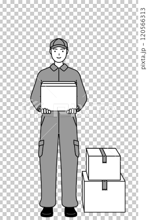 段ボールを運ぶ作業をするつなぎ姿の整備士 段ボールを運ぶ作業をするつなぎ姿の整備士 120566313