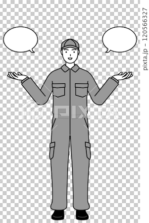 A mechanic in overalls making a comparison, with a speech bubble A mechanic in overalls making a comparison, with a speech bubble 120566327