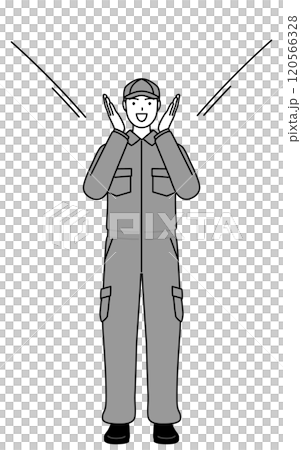 一名身穿連身褲的機械師用手摀住嘴，向人們喊話。 120566328