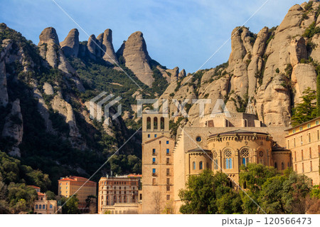 View of the famous Santa Maria de Montserrat Abbey located on the mountain of Montserrat nearby from Barcelona in Catalonia, Spain. Montserrat Monastery View of the famous Santa Maria de Montserrat Abbey located on the mountain of Montserrat nearby from Barcelona in Catalonia, Spain. Montserrat Monastery 120566473