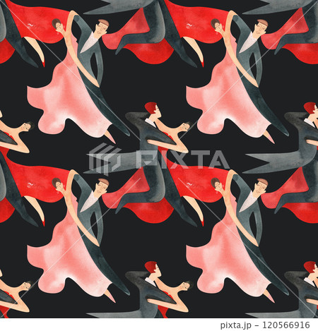 Ballroom dancing, standard. Adult couples on the parquet. Isolated watercolor illustration. Seamless pattern. Black background Ballroom dancing, standard. Adult couples on the parquet. Isolated watercolor illustration. Seamless pattern. Black background 120566916