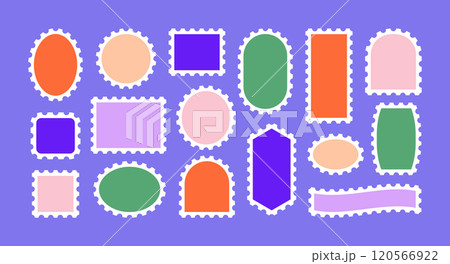 Postal Stamp Vector Colorful Frames Set. Postage Shapes Border. Vintage Blank Postmark Template is Different Forms Rectangle, Oval, Circle, Square For Letter, Post Card, Web Design. 120566922