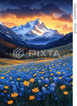 星降る夜空の下、雪を頂いた山々の息を呑むような風景画 120567003