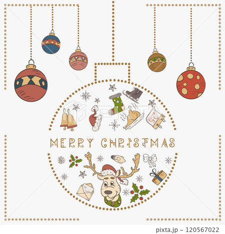 Christmas colored contour illustration in the style of childrens doodles Christmas design elements in a Christmas ball a deer in a Santa hat 120567022