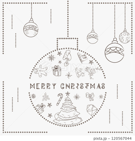 Christmas contour illustration in the style of childrens doodles Christmas design elements in a Christmas ball festive fir tree Christmas contour illustration in the style of childrens doodles Christmas design elements in a Christmas ball festive fir tree 120567044