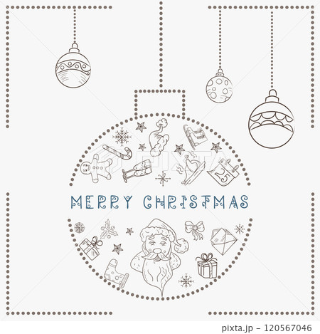 Christmas contour illustration in the style of childrens doodles Christmas design elements in a Christmas ball Santa Claus head 120567046