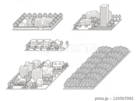 都市景観の立体イラスト.  建物のベクターイラスト. 120567092