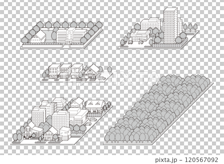 都市景観の立体イラスト.  建物のベクターイラスト. 120567092