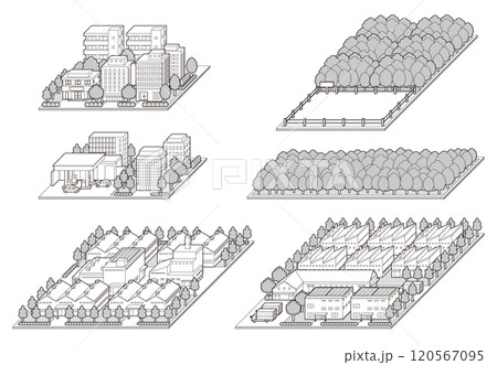 都市景観の立体イラスト.  建物のベクターイラスト. 120567095