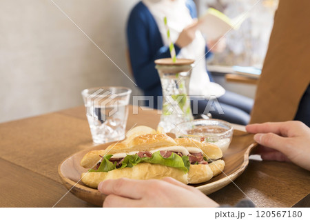 カフェサンドを食べる女性手元 120567180