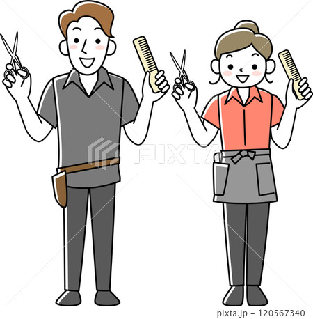 ハサミを持つ若い女性美容師と男性美容師 120567340