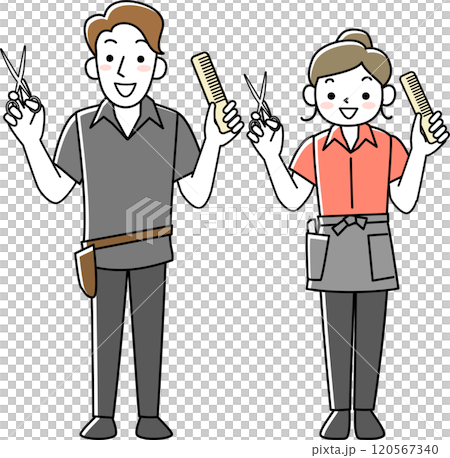 ハサミを持つ若い女性美容師と男性美容師 120567340