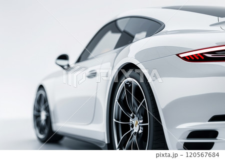 Sleek white sports car displayed indoors against a neutral background 120567684