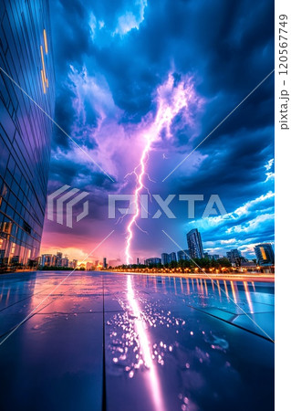 Dramatic Lightning Bolt Strikes Amidst Cityscape with Intense Stormy Skies 120567749