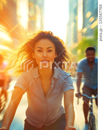 Young Diverse Cyclists Enjoy Dynamic Urban Ride in Vibrant City Setting Young Diverse Cyclists Enjoy Dynamic Urban Ride in Vibrant City Setting 120567768